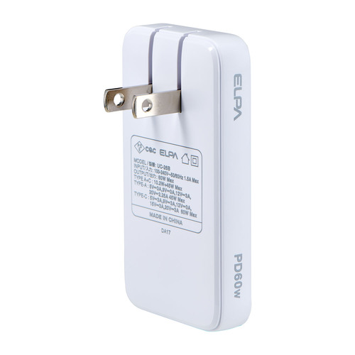 エルパ（ELPA） USB充電器 PD 60W 薄型ACアダプター UC－26（W
