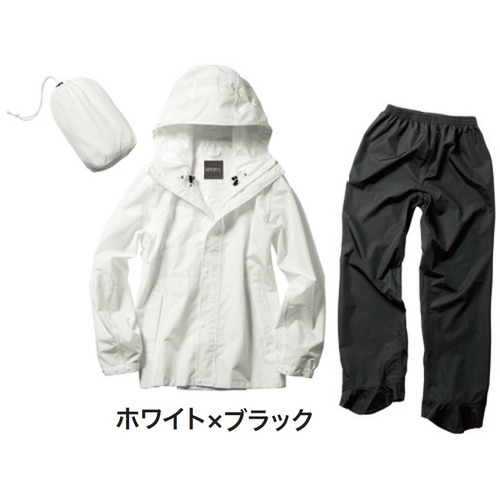 ☆バラさま☆レインウェア 上下セット ホワイト/ブラック マック（Makku） パノラマ バッグイン レインスーツ AS－5140 Mサイズ