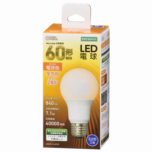 オーム電機（OHM） LED電球 E26 60形相当 電球色 LDA7L-G AG52